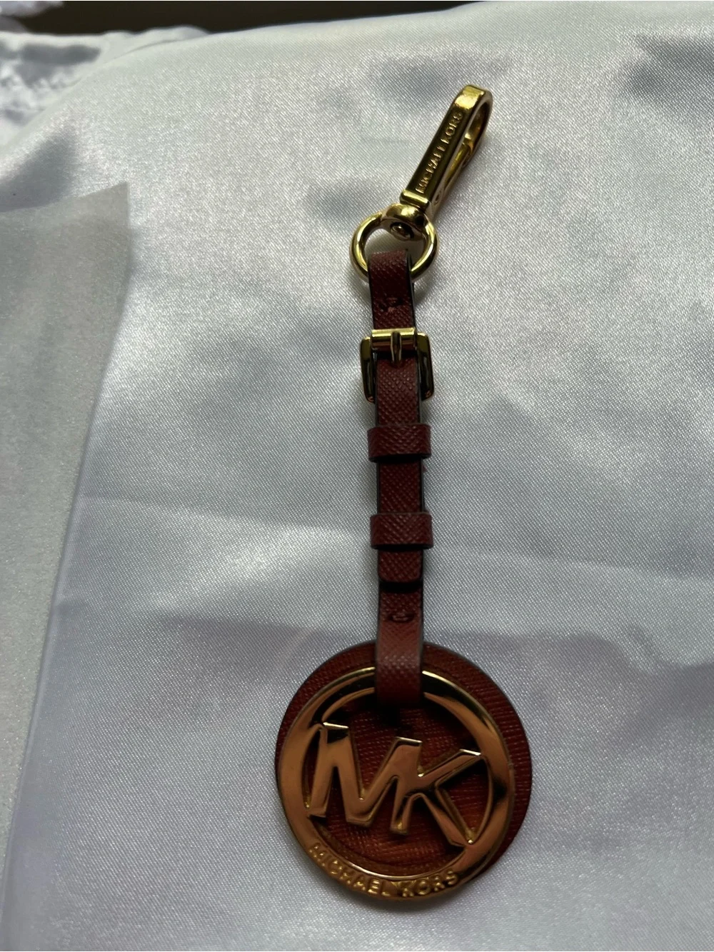 Michael Kors Brown Leather MK Logo Key Fob with Gold Hardware
